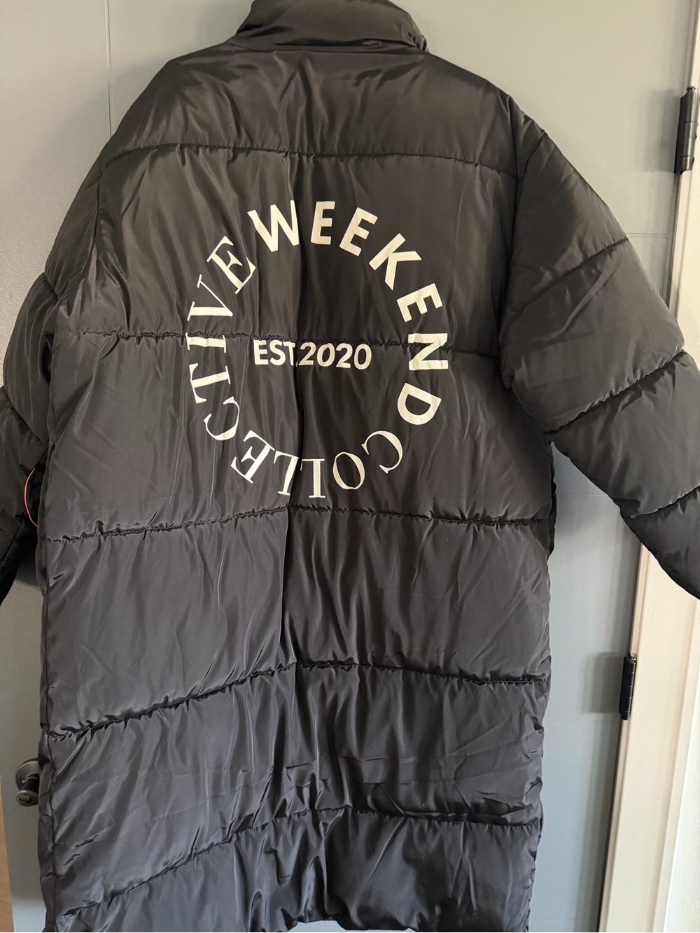 ASOS Black Long Puffer Coat with White Back Logo
